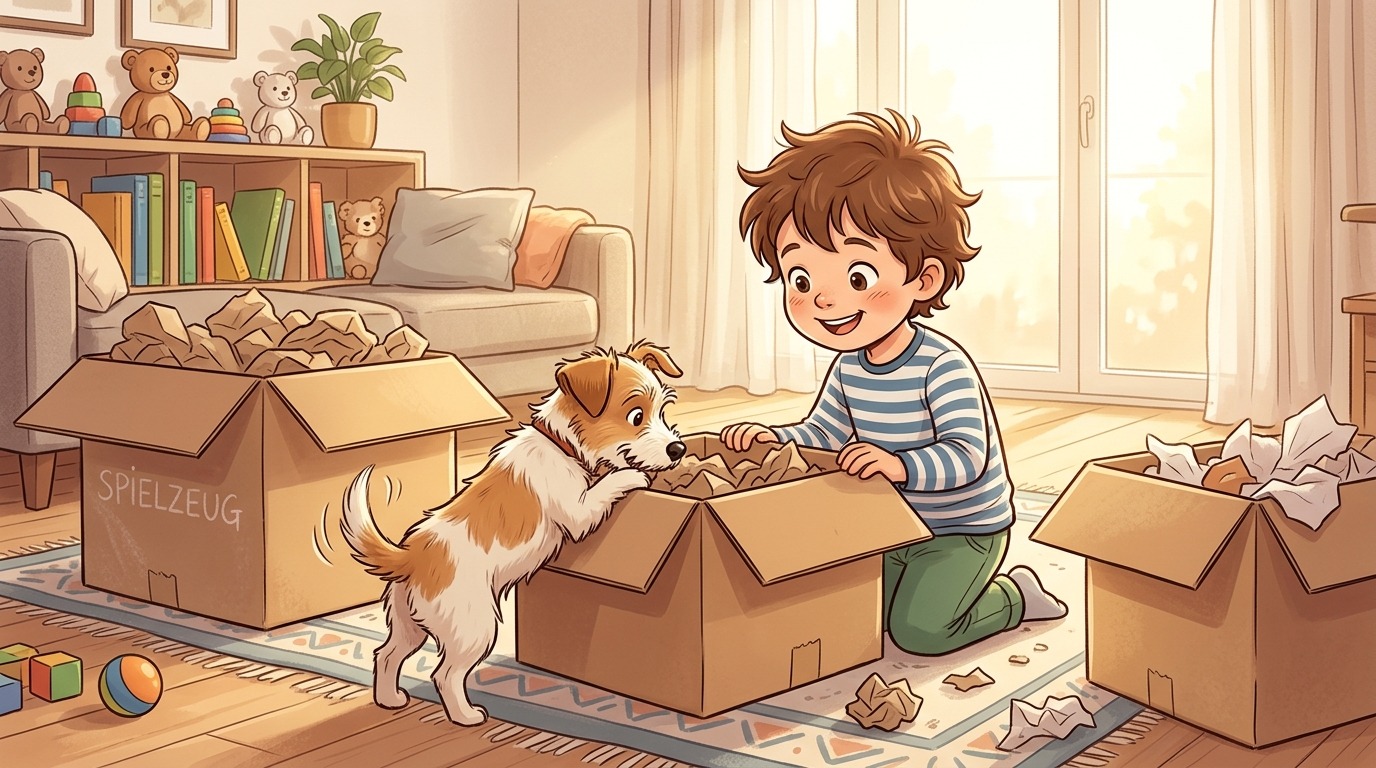 Ein glückliches Kind und ein neugieriger Hund spielen gemeinsam das Suchspiel Der Karton-Dschungel mit Pappkartons und Papier.