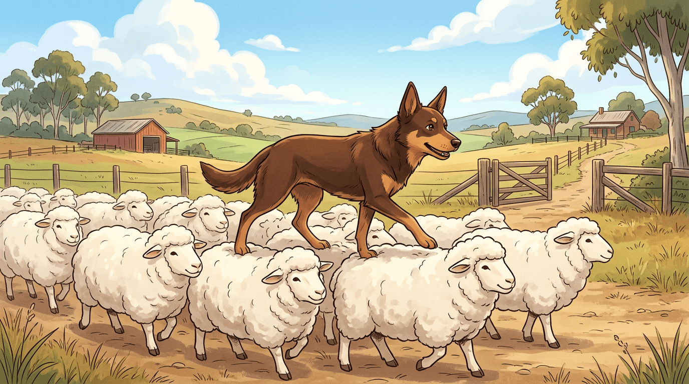 Ein brauner Kelpie läuft geschickt und leichtfüßig über die Rücken einer flauschigen Schafherde.