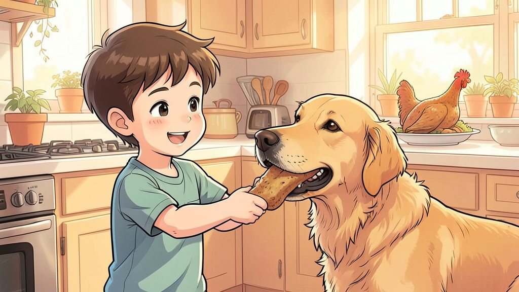 Ein Kind gibt seinem Hund einen sicheren Hunde-Kauknochen in der Küche