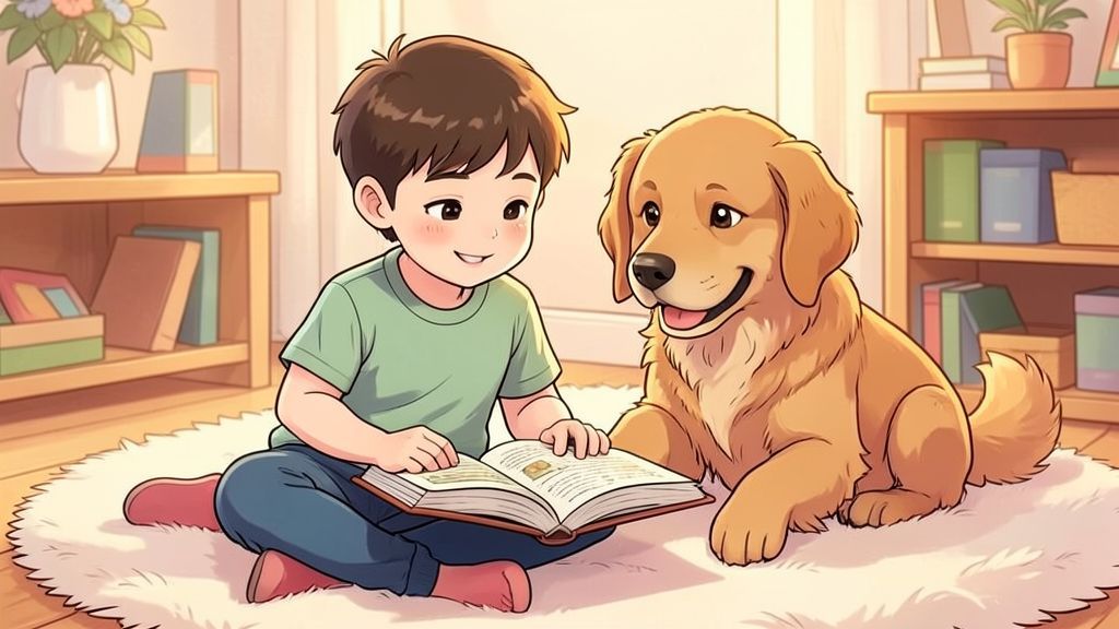 Ein Kind liest gemeinsam mit einem Hund in einem Buch.