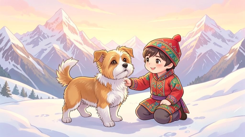 Ein kleiner, wuscheliger Hund mit hellem Fell steht im Schnee vor hohen Bergen und schaut ein Kind freundlich an.