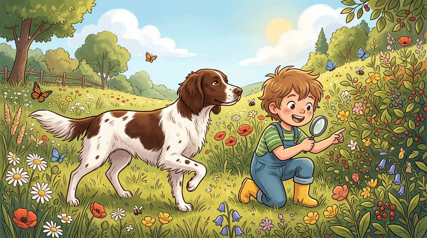 Ein freundlicher braun-weiß gefleckter Kleiner Münsterländer steht in einer Blumenwiese und hebt aufmerksam eine Pfote.