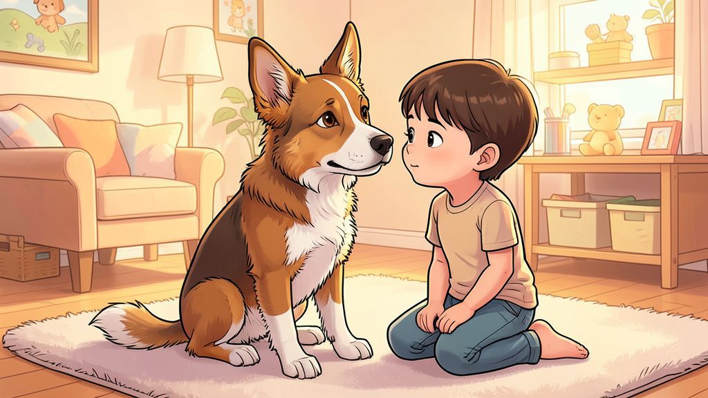 Ein aufmerksamer Hund mit großen Stehohren sitzt neben einem Kind im Kinderzimmer und lauscht konzentriert.