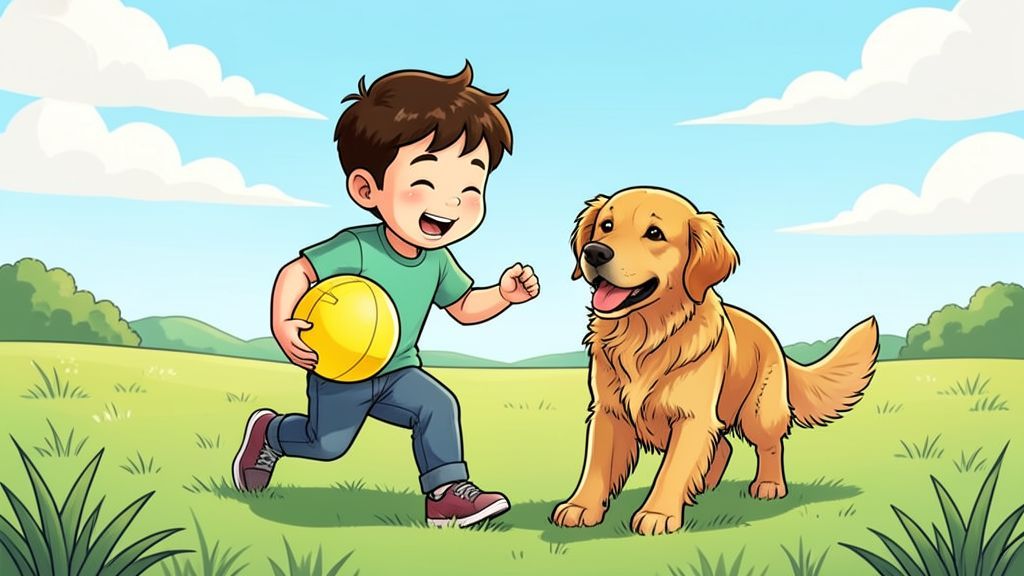 Ein fröhlicher Golden Retriever spielt mit einem Kind auf einer sonnigen Wiese mit einem gelben Ball.