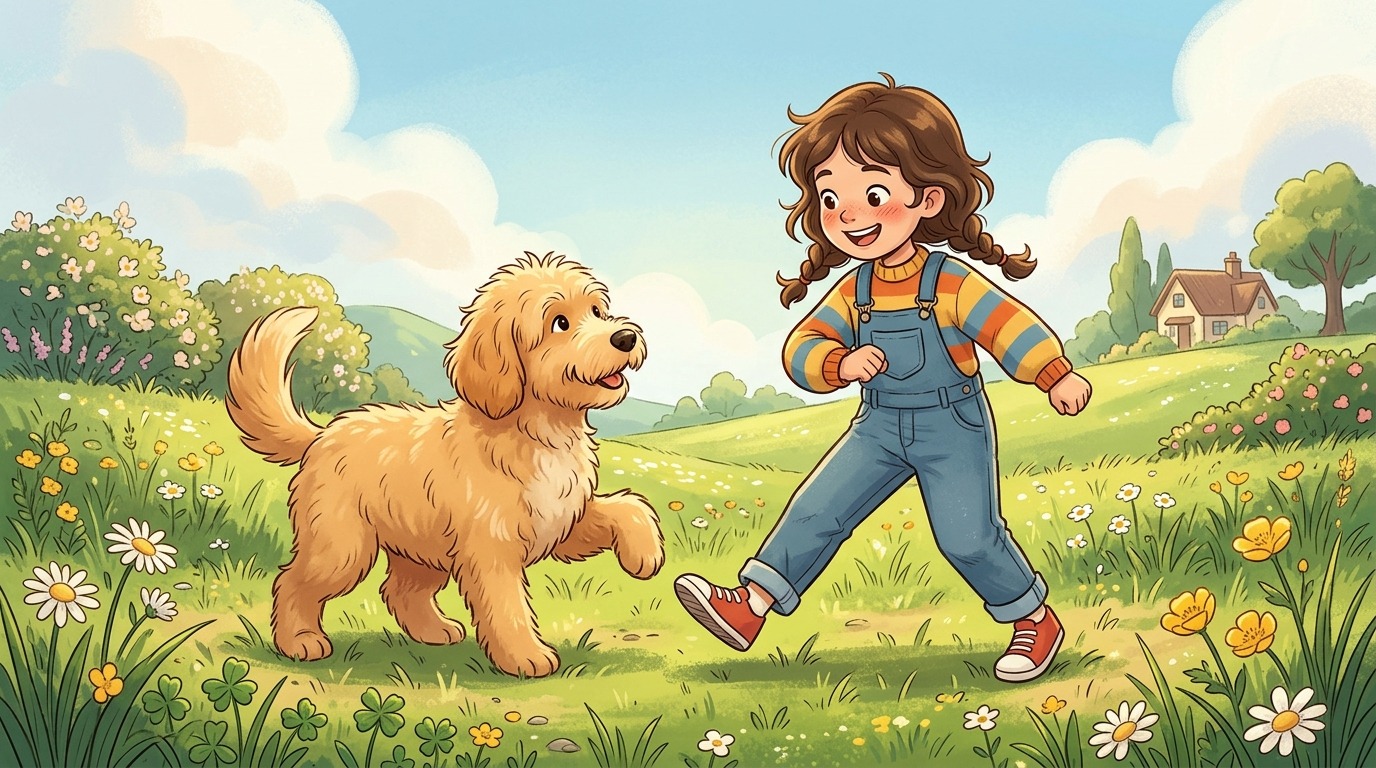 Ein Kind und ein Hund spielen Die Körper-Kopie, wobei der Hund die Seitwärtsbewegung des Kindes spiegelt.