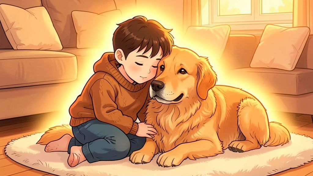 Ein glückliches Kind kuschelt mit einem flauschigen Hund, umgeben von einer warmen, sanft leuchtenden Aura.