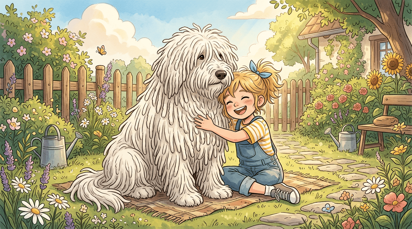 Ein großer, weißer Komondor mit seinen typischen Filzschnüren sitzt neben einem lächelnden Kind auf einer grünen Wiese.