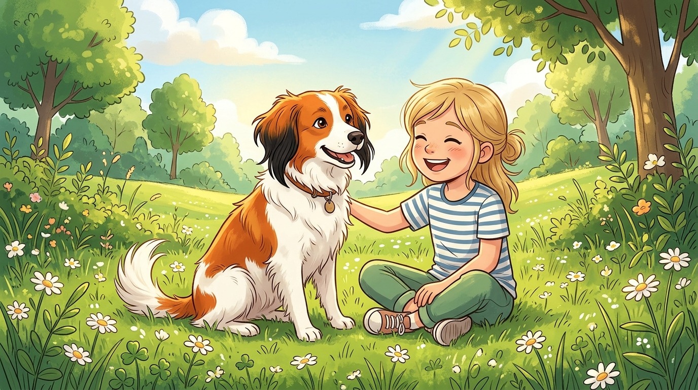 Ein fröhliches Kooikerhondje mit orange-roten Flecken sitzt neben einem lachenden Kind auf einer Sommerwiese.