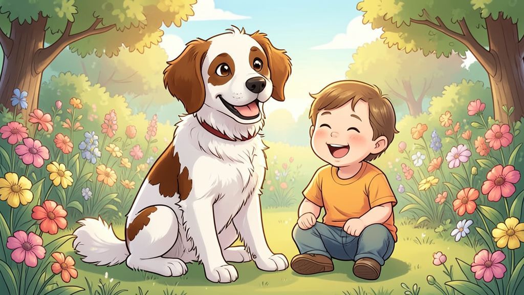 Ein fröhlicher Kromfohrländer Hund mit weißen und braunen Flecken spielt glücklich mit einem Kind in einem sonnigen Garten.