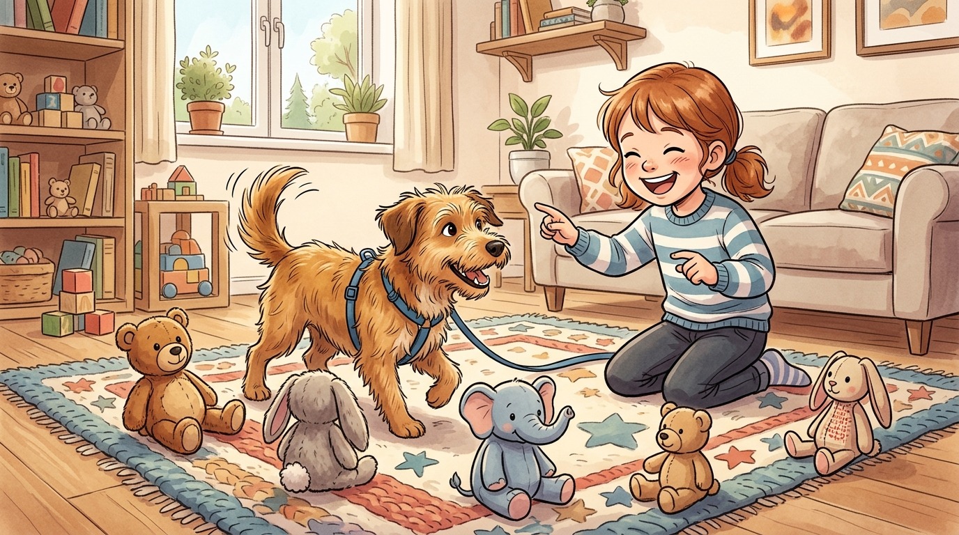 Ein lachendes Kind führt einen aufmerksamen Hund mit einem Leckerli im Zickzack durch eine Reihe bunter Kuscheltiere auf einem Teppich.