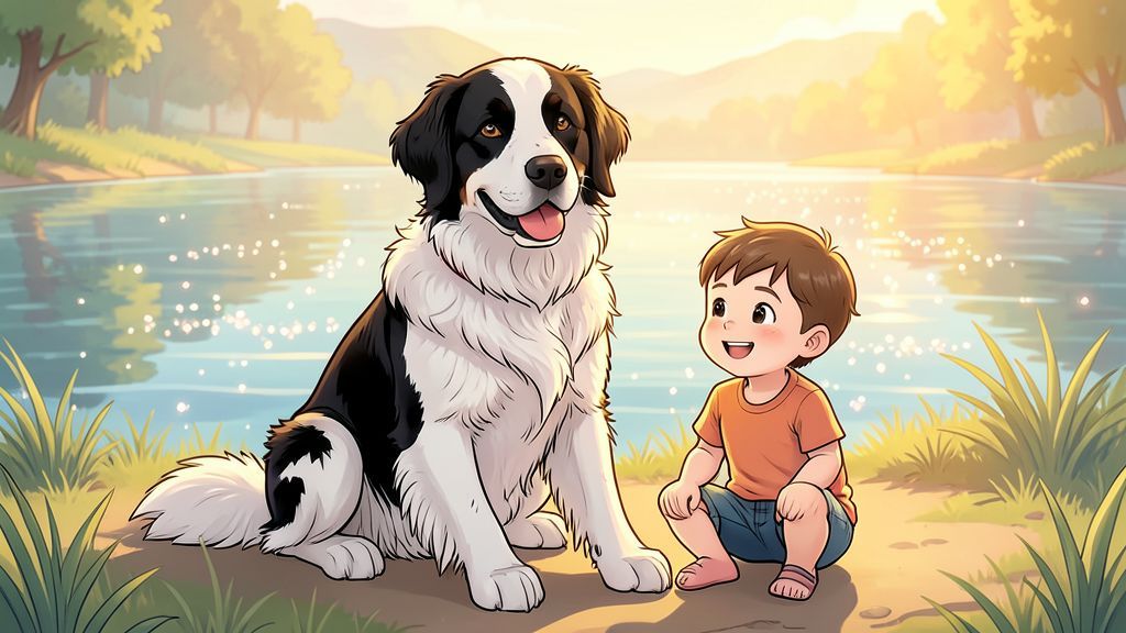 Ein großer weiß-schwarzer Landseer Hund sitzt freundlich neben einem lachenden Kind an einem sonnigen Seeufer.