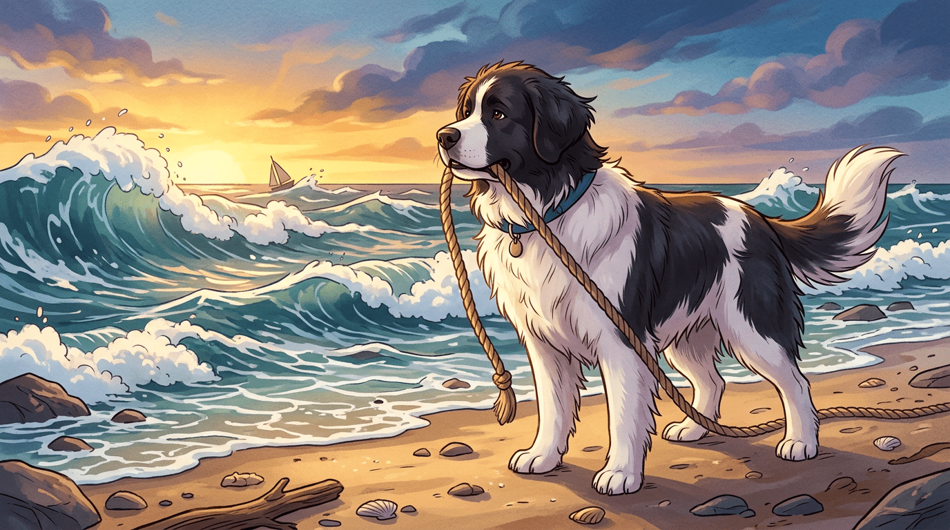 Ein großer, schwarz-weiß gefleckter Landseer Hund steht stolz am stürmischen Meeresufer und hält ein Seil im Maul.