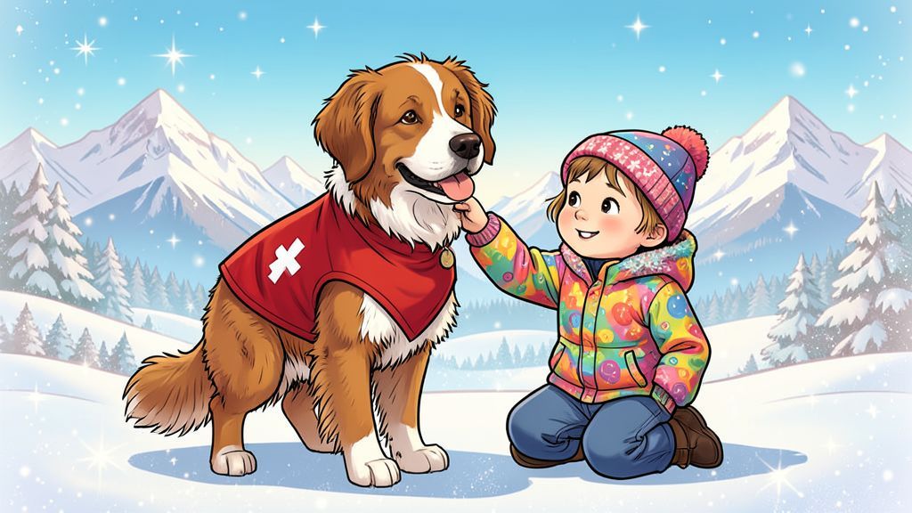 Ein mutiger Lawinensuchhund mit Rettungsweste steht aufmerksam im tiefen Schnee vor einer Bergkulisse.