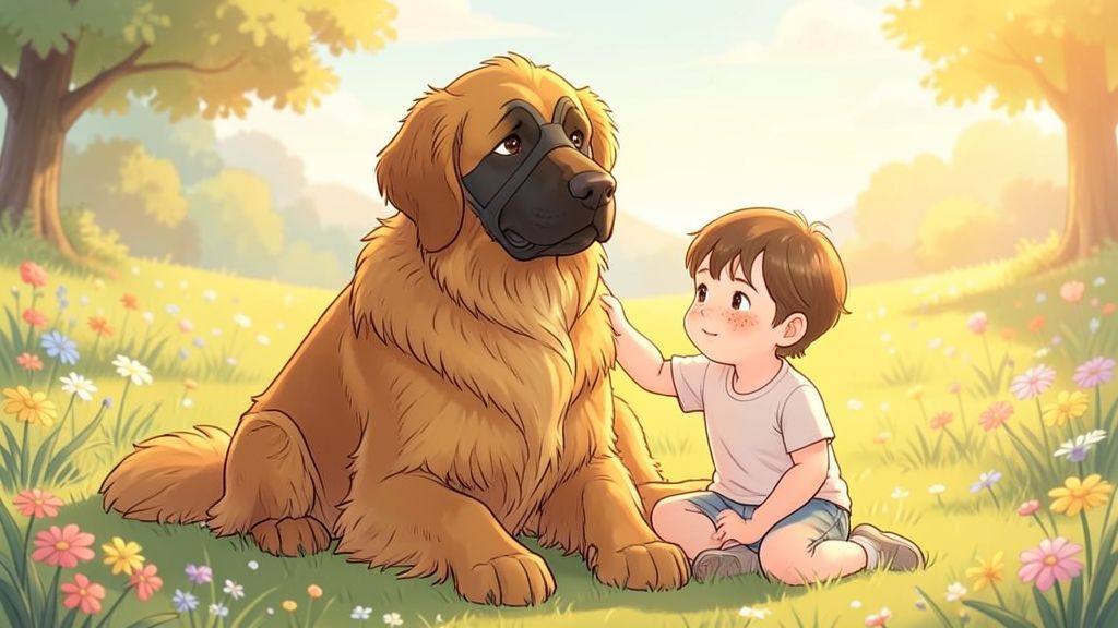 Ein großer, flauschiger Leonberger Hund sitzt freundlich lächelnd neben einem kleinen Mädchen auf einer Blumenwiese.