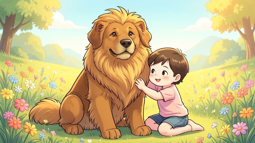 Ein großer, freundlicher Leonberger Hund mit einer löwenartigen Mähne sitzt neben einem kleinen Kind auf einer Blumenwiese.