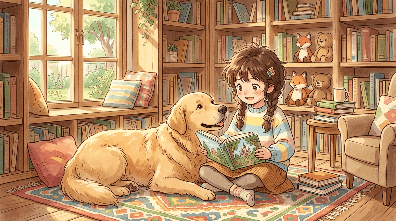 Ein kleines Mädchen liest einem entspannten Golden Retriever in einer gemütlichen Leseecke aus einem bunten Buch vor.
