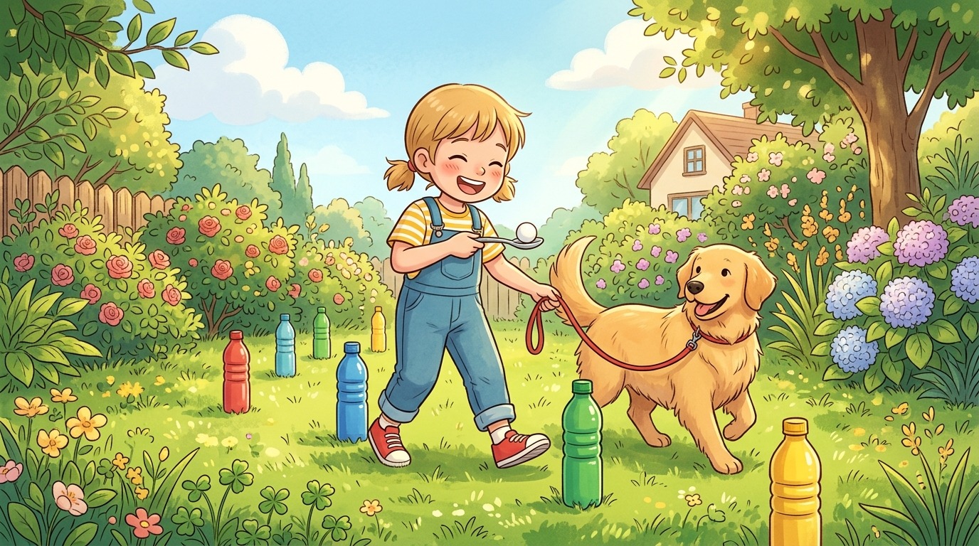 Ein Kind balanciert konzentriert einen Tischtennisball auf einem Löffel und führt einen Hund im Slalom durch Flaschen.