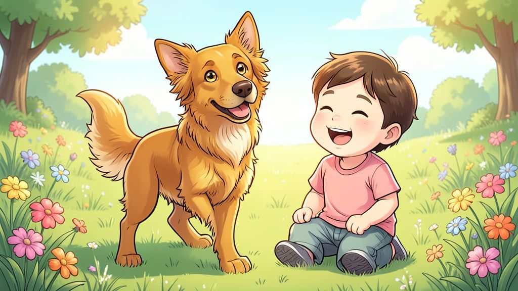 Ein freundlicher, goldbrauner Magyar Vizsla Hund spielt glücklich mit einem Kind auf einer sonnigen Wiese.