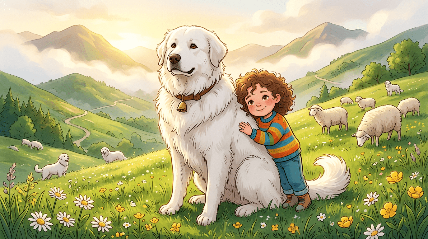 Ein großer weißer Maremmano-Abruzzese Hund sitzt schützend neben einem kleinen Kind und einer Gruppe flauschiger Schafe auf einer Bergwiese.