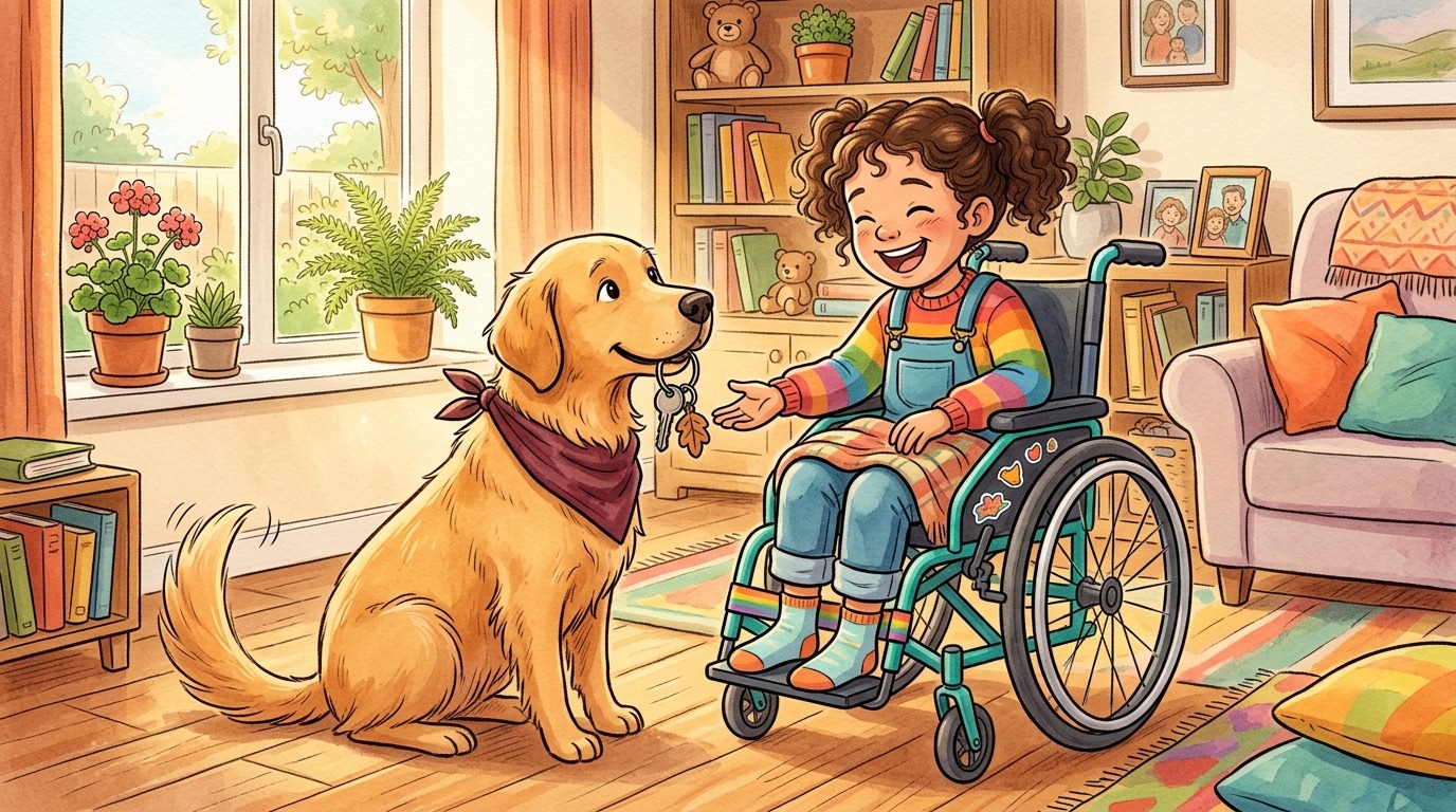 Ein freundlicher Golden Retriever reicht einem Kind im Rollstuhl vorsichtig einen Schlüsselbund.