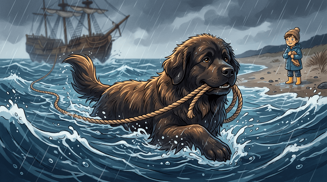 Ein großer, schwarzer Neufundländer Hund schwimmt mutig durch stürmische Wellen und hält ein dickes Seil im Maul.