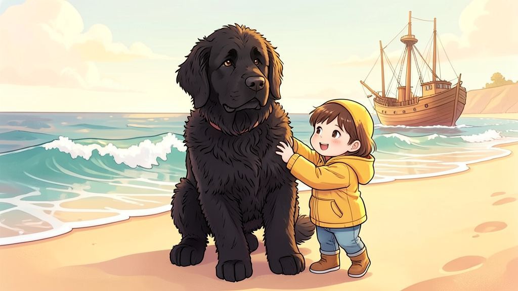 Ein großer, schwarzer Neufundländer Hund steht schützend neben einem Kind an einem windigen Strand am Meer.