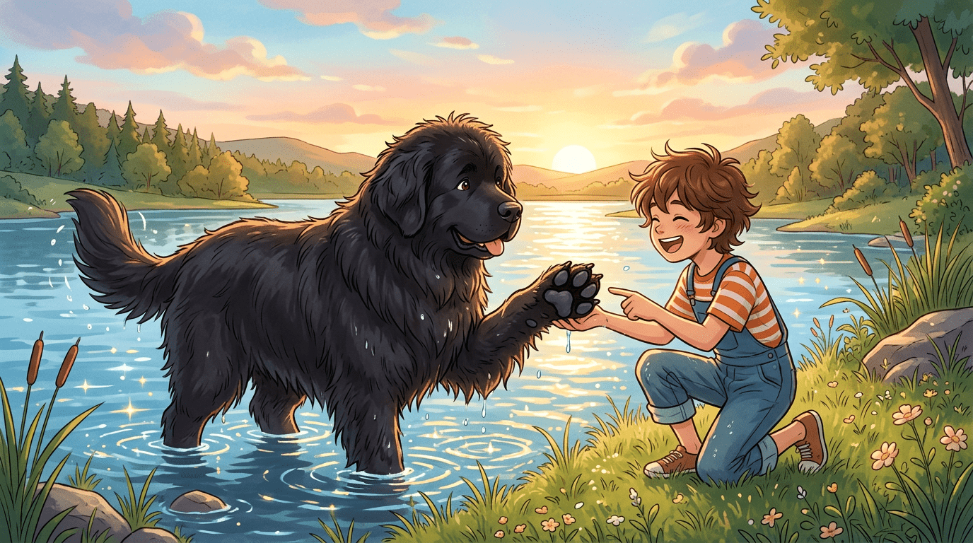 Ein großer, schwarzer Neufundländer Hund steht im flachen Wasser und ein Kind betrachtet staunend seine Pfoten.