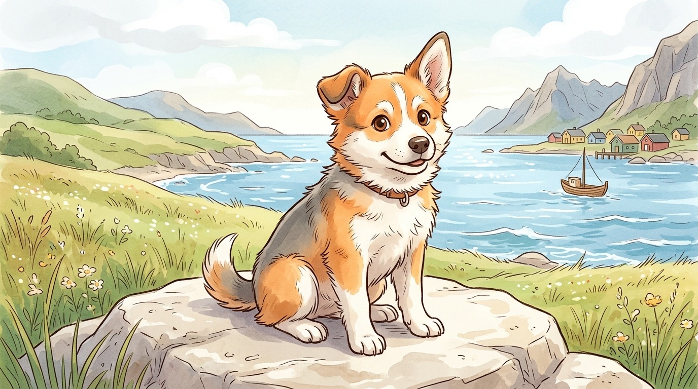 Ein niedlicher Norwegischer Lundehund sitzt auf einem Felsen und zeigt, wie er seine Ohren schützend einknicken kann.