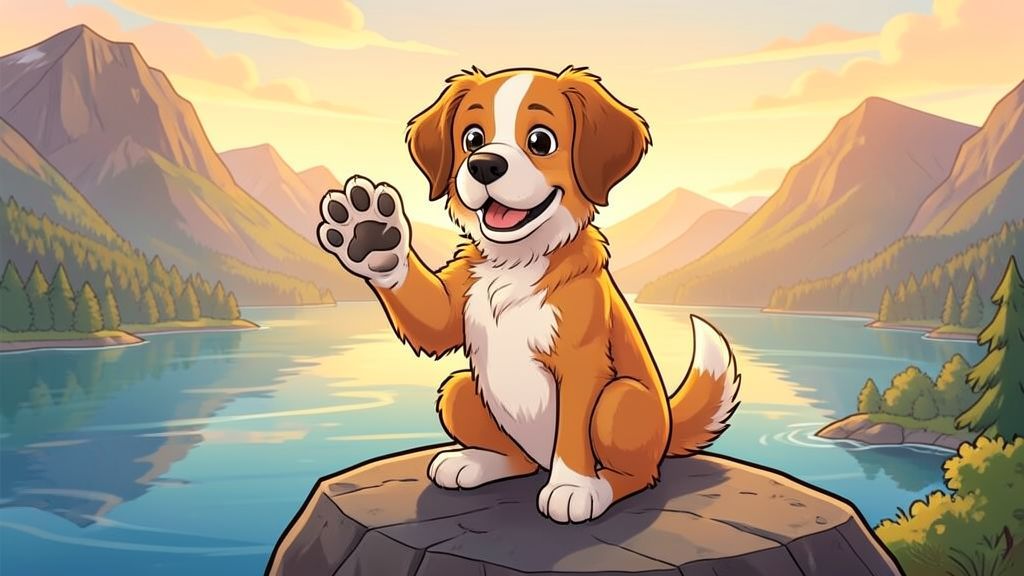 Illustration eines süßen Norwegischen Lundehundes, der seine Pfote mit sechs Zehen zeigt.