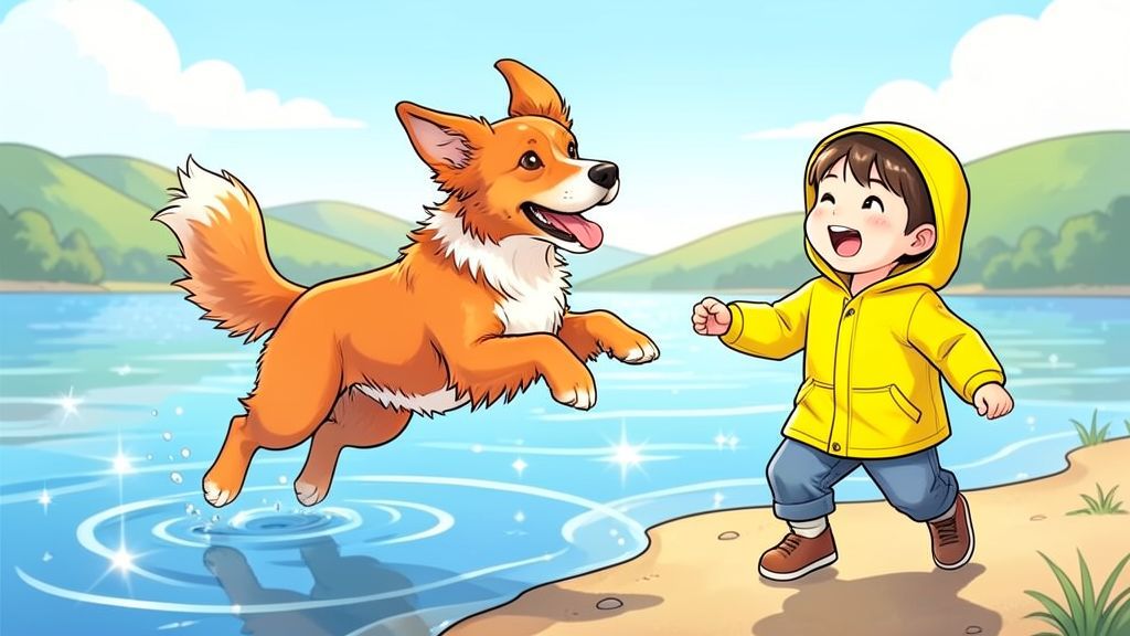 Ein fröhlicher, fuchsroter Nova Scotia Duck Tolling Retriever spielt mit einem Kind an einem blauen See.