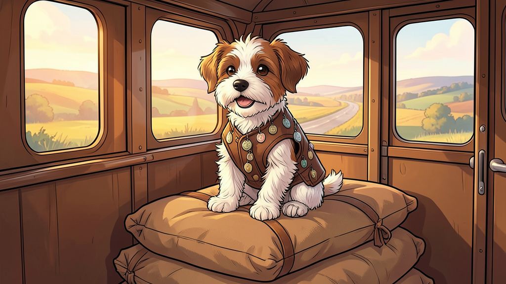 Ein kleiner, wuscheliger Mischlingshund namens Owney sitzt stolz auf einem Haufen Postsäcke in einem alten Eisenbahnwaggon.