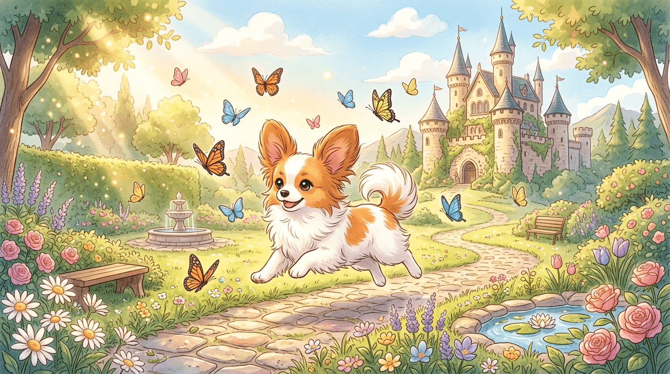 Ein niedlicher Papillon-Hund mit Ohren wie Schmetterlingsflügel spielt glücklich auf einer Blumenwiese mit echten Schmetterlingen.