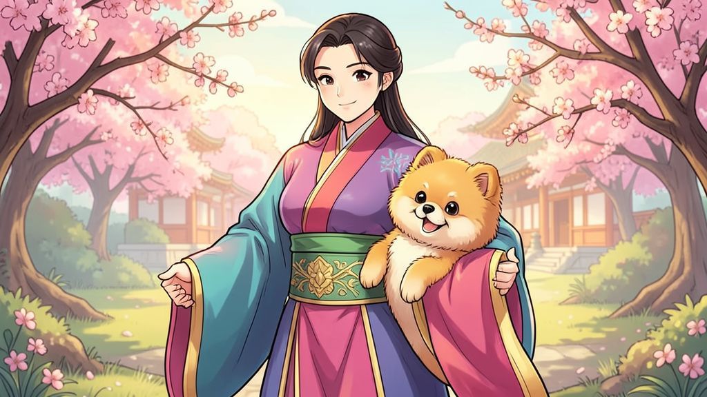 Illustration eines flauschigen Pekinesen-Hundes, der aus dem weiten Ärmel eines prächtigen chinesischen Gewandes hervorschaut.