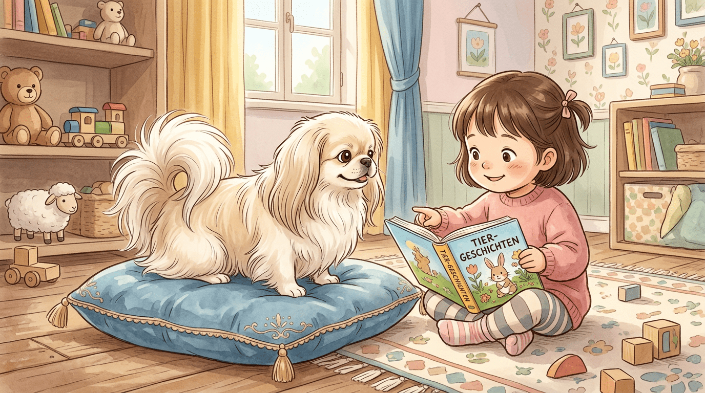 Ein flauschiger Pekinese sitzt stolz auf einem weichen Kissen neben einem lesenden Kind.