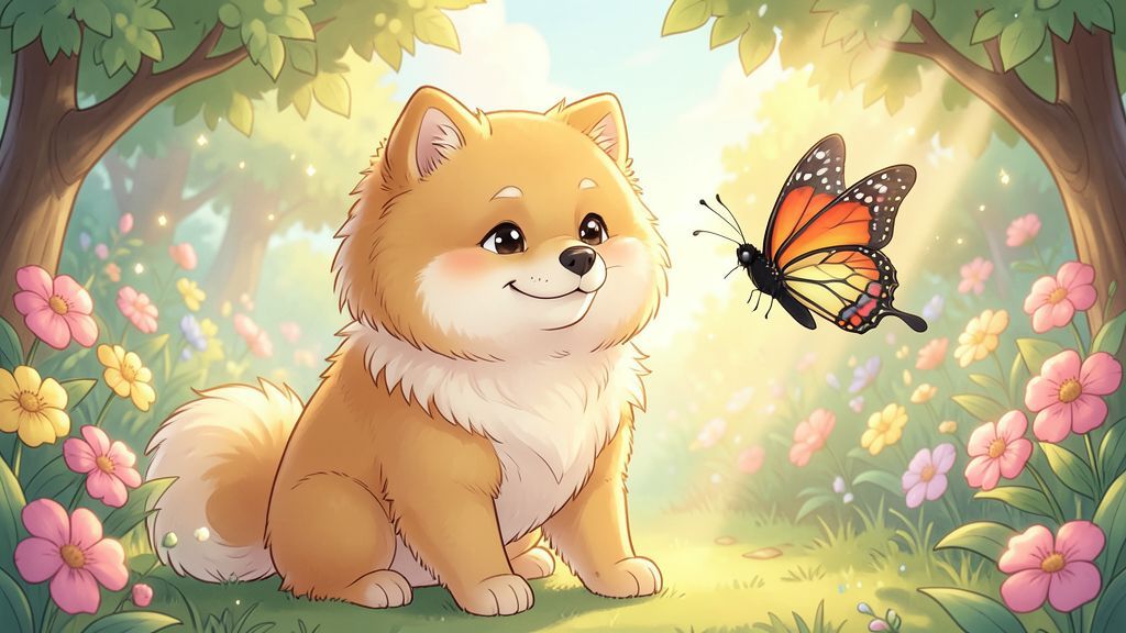 Ein flauschiger, goldener Pekinese mit prächtiger Mähne betrachtet neugierig einen bunten Schmetterling in einem sonnigen Garten.