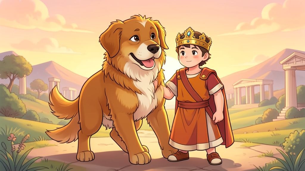 Eine kindgerechte Illustration von Peritas, dem tapferen Hund von Alexander dem Großen, wie er schützend und freundlich vor dem jungen König steht.