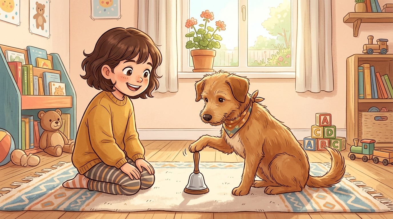 Ein glückliches Kind kniet vor seinem Hund, der gerade mit der Pfote eine kleine Glocke auf dem Boden berührt.