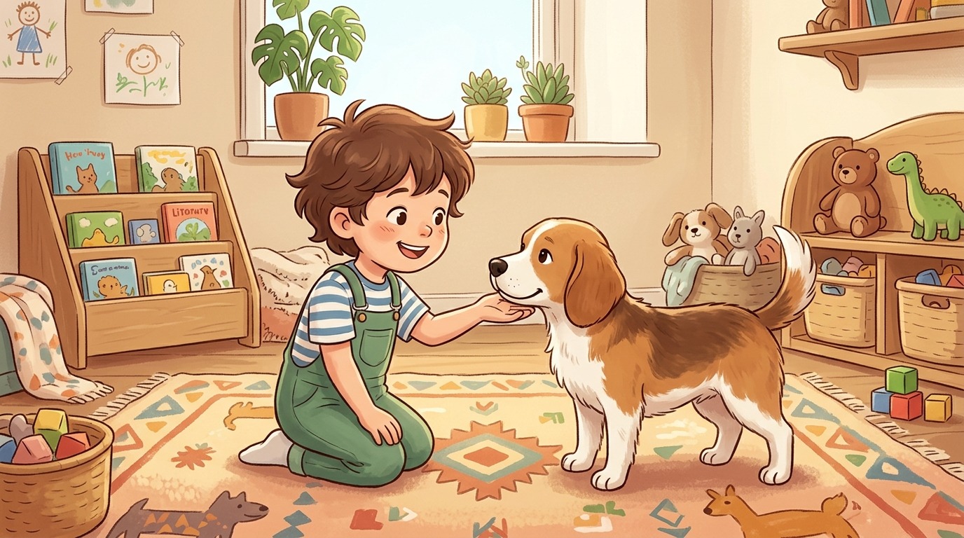 Ein glückliches Kind hält seine Handfläche vor die Nase eines aufmerksamen Hundes, der sie sanft berührt.