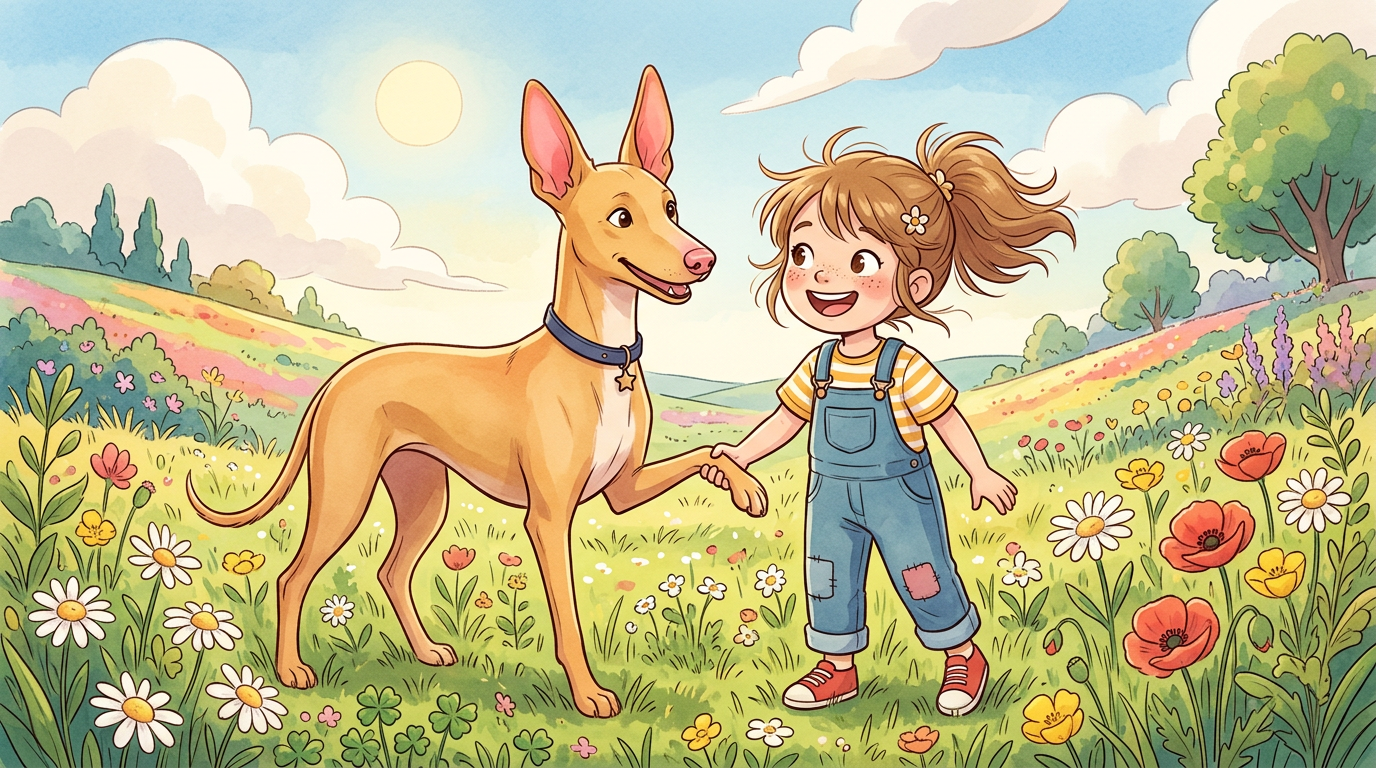 Ein lachendes Kind knuddelt einen eleganten Pharaonenhund, dessen Ohren vor Freude leicht rosa schimmern.