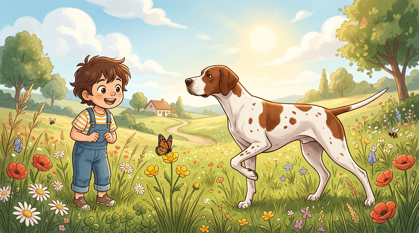 Ein sportlicher, weiß-braun gefleckter Pointer-Hund steht in einer typischen Vorsteh-Pose auf einer bunten Blumenwiese.