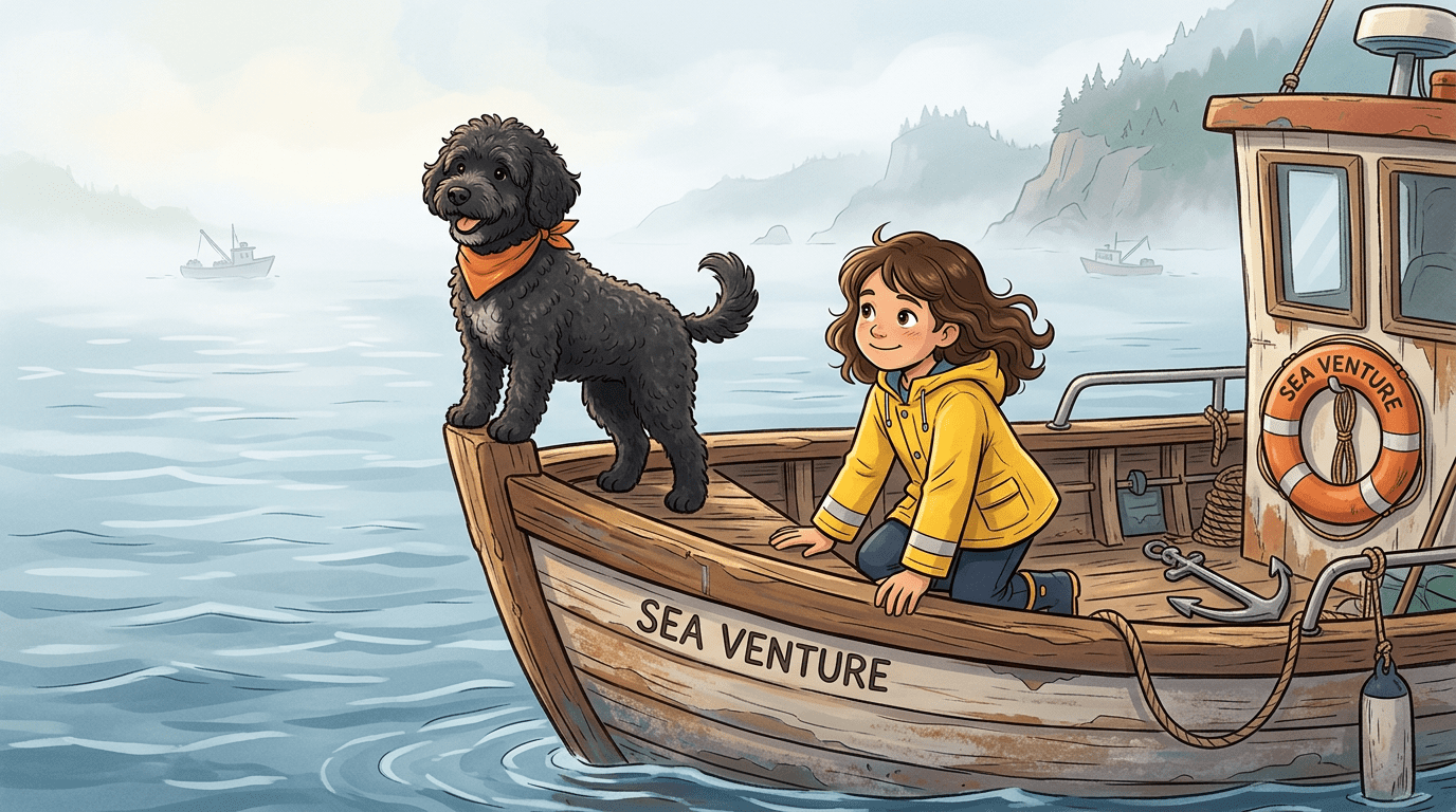 Ein lockiger Portugiesischer Wasserhund steht stolz auf einem Fischerboot im Nebel neben einem Kind.