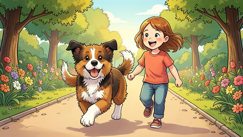 Ein fröhlicher, bunter Mischlingshund läuft mit einem Kind über einen sonnigen Parkweg