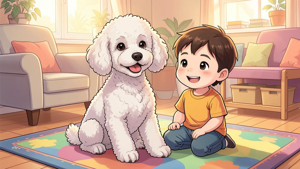 Eine Illustration eines freundlichen, weißen Pudels, der mit einem Kind ein Buch liest.