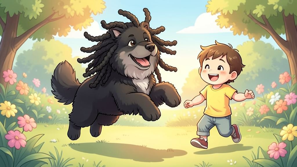 Ein wuscheliger, schwarzer Puli-Hund mit seinem typischen Schnürenfell springt fröhlich über eine bunte Blumenwiese, während ein Kind im Hintergrund lacht.
