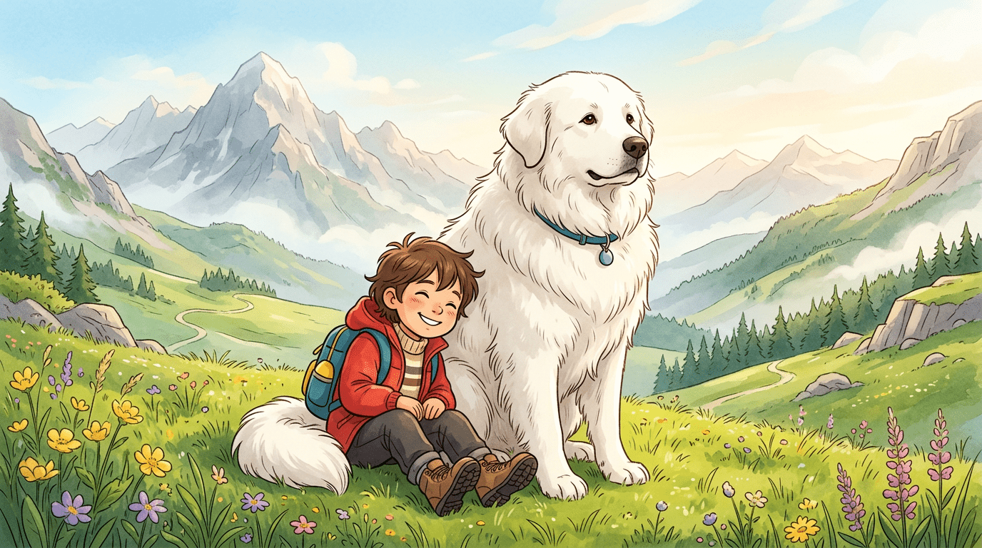 Ein großer, weißer Pyrenäenberghund sitzt majestätisch neben einem Kind auf einer sonnigen Bergwiese.