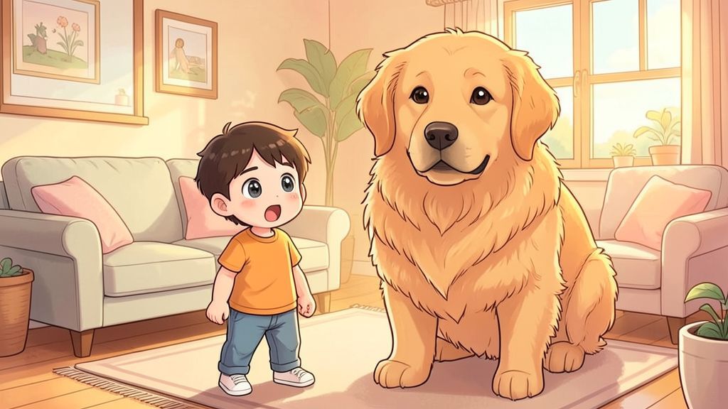 Ein überraschtes Kind schaut auf einen riesigen, freundlichen und runden Hund, der im Wohnzimmer sitzt.