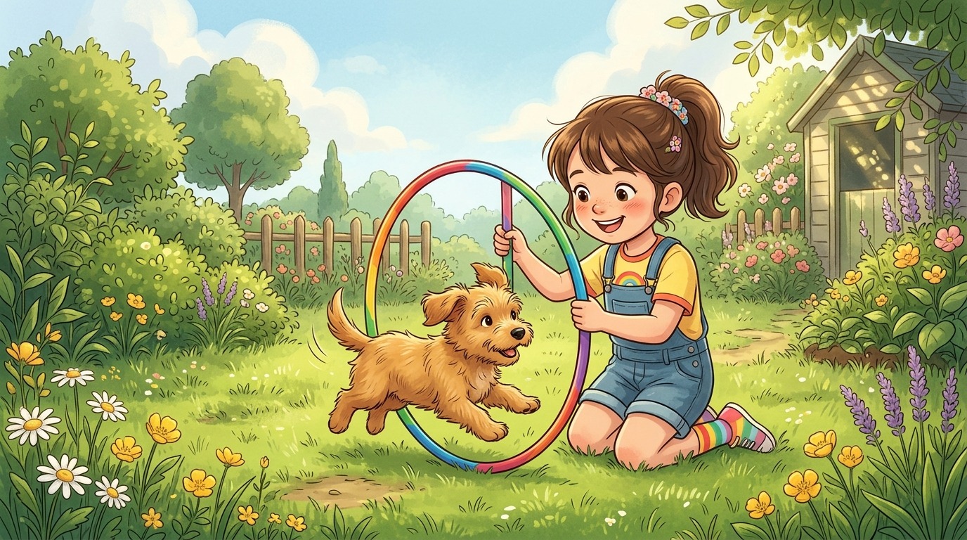 Ein fröhliches Kind hält einen bunten Hula-Hoop-Reifen am Boden, während ein kleiner Hund mutig hindurchläuft.