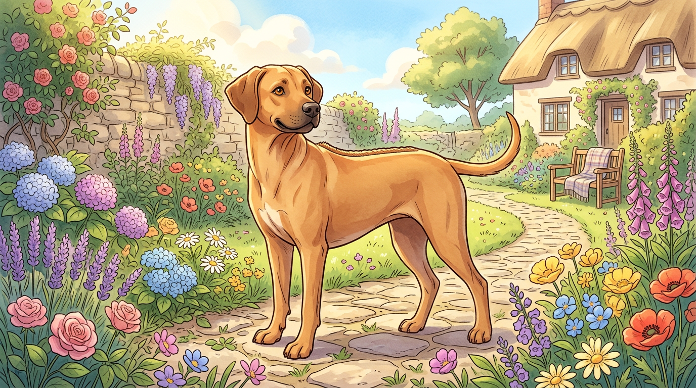 Illustration eines Rhodesian Ridgeback Hundes, der seinen markanten Fellstreifen (Ridge) auf dem Rücken zeigt.