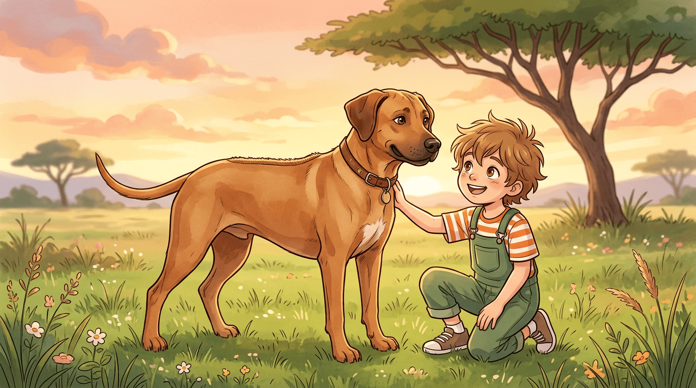 Ein stolzer Rhodesian Ridgeback mit einem sichtbaren Haarkamm auf dem Rücken steht neben einem lachenden Kind in einer sonnigen Gartenlandschaft.