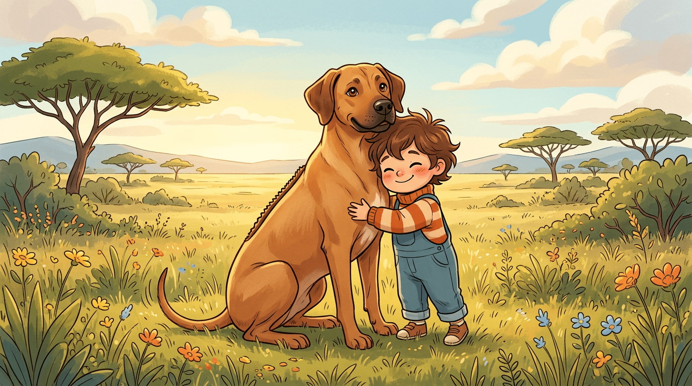 Ein freundlicher Rhodesian Ridgeback mit einem sichtbaren Fellstreifen auf dem Rücken sitzt neben einem lachenden Kind in einer sonnigen Steppenlandschaft.